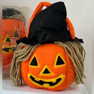 Halloween Pumpkin Plush Basket with Witch Hat